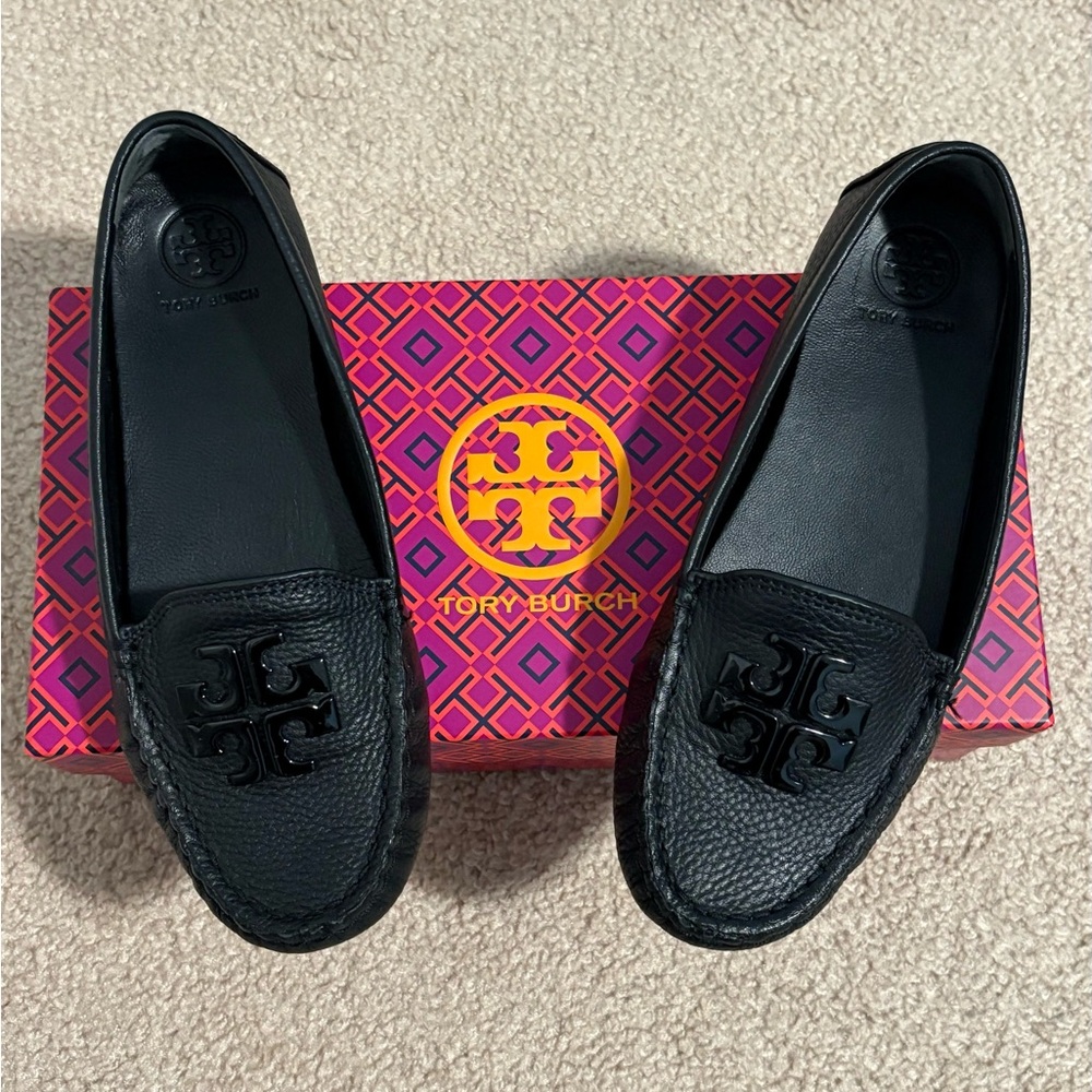 Tory Burch Black Lowell 2 Driver-Tumbled Leather Loafers